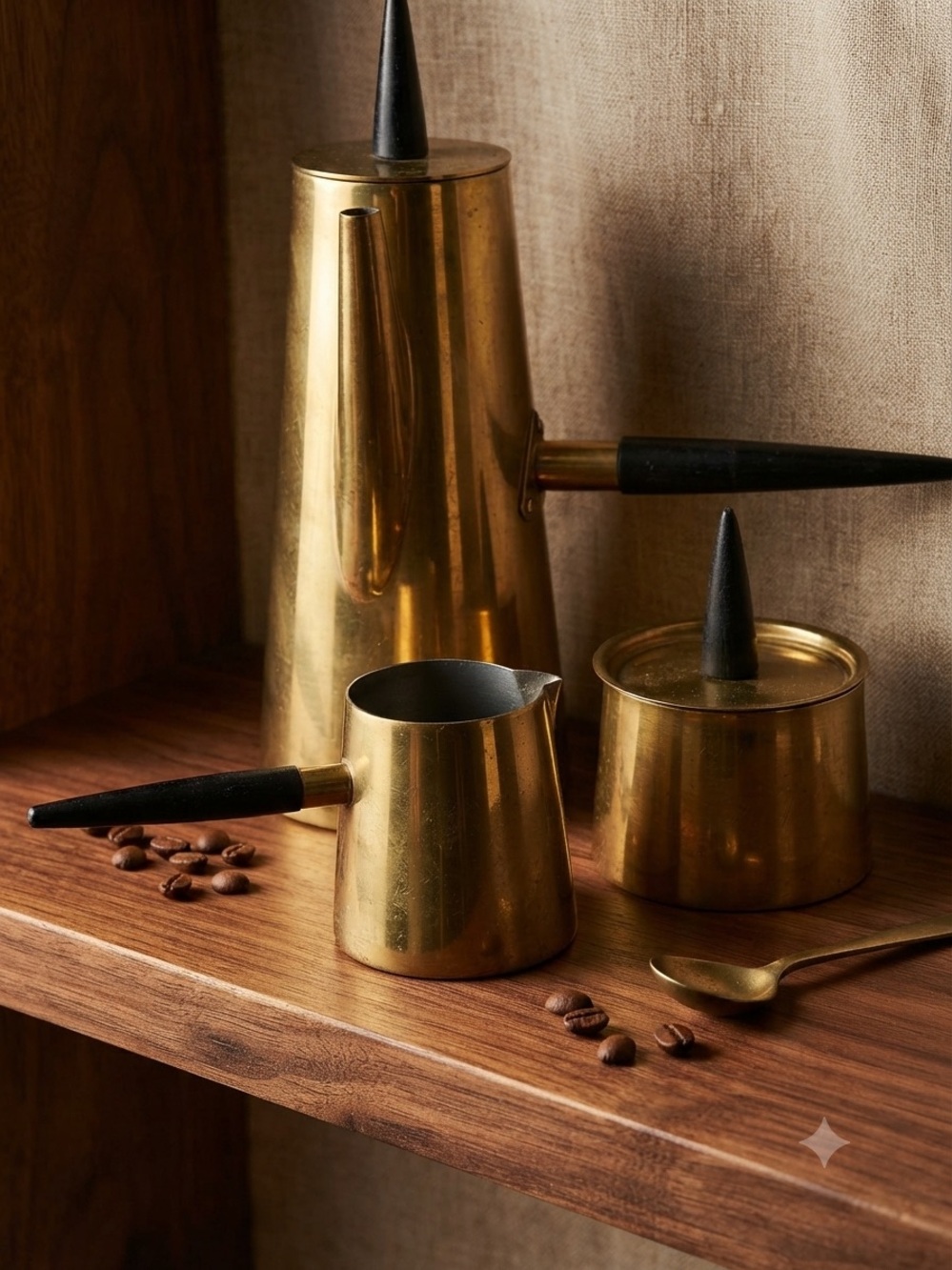 Brass Coffee Set with Black Handles - Elegant Gold Finish